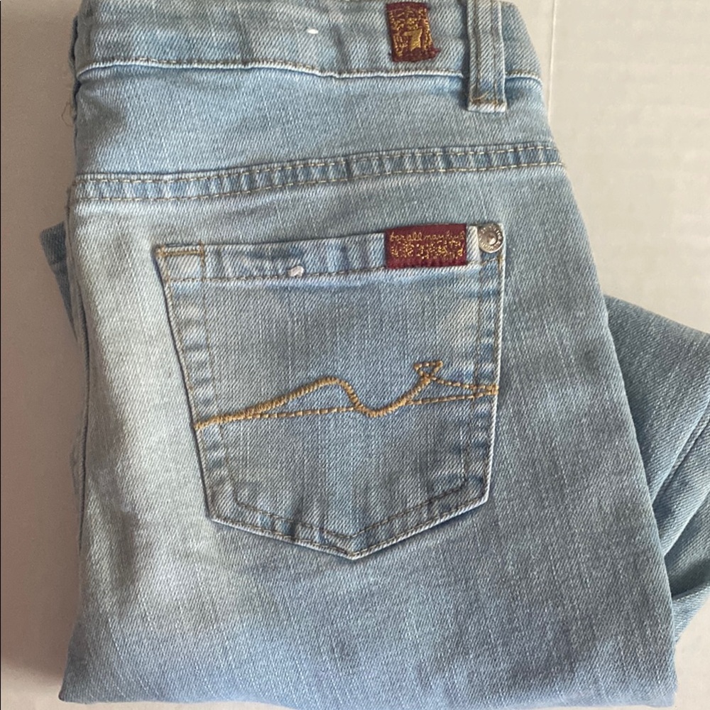 7 For All Mankind Gold and Blue Jeans with Distinctive Fade
